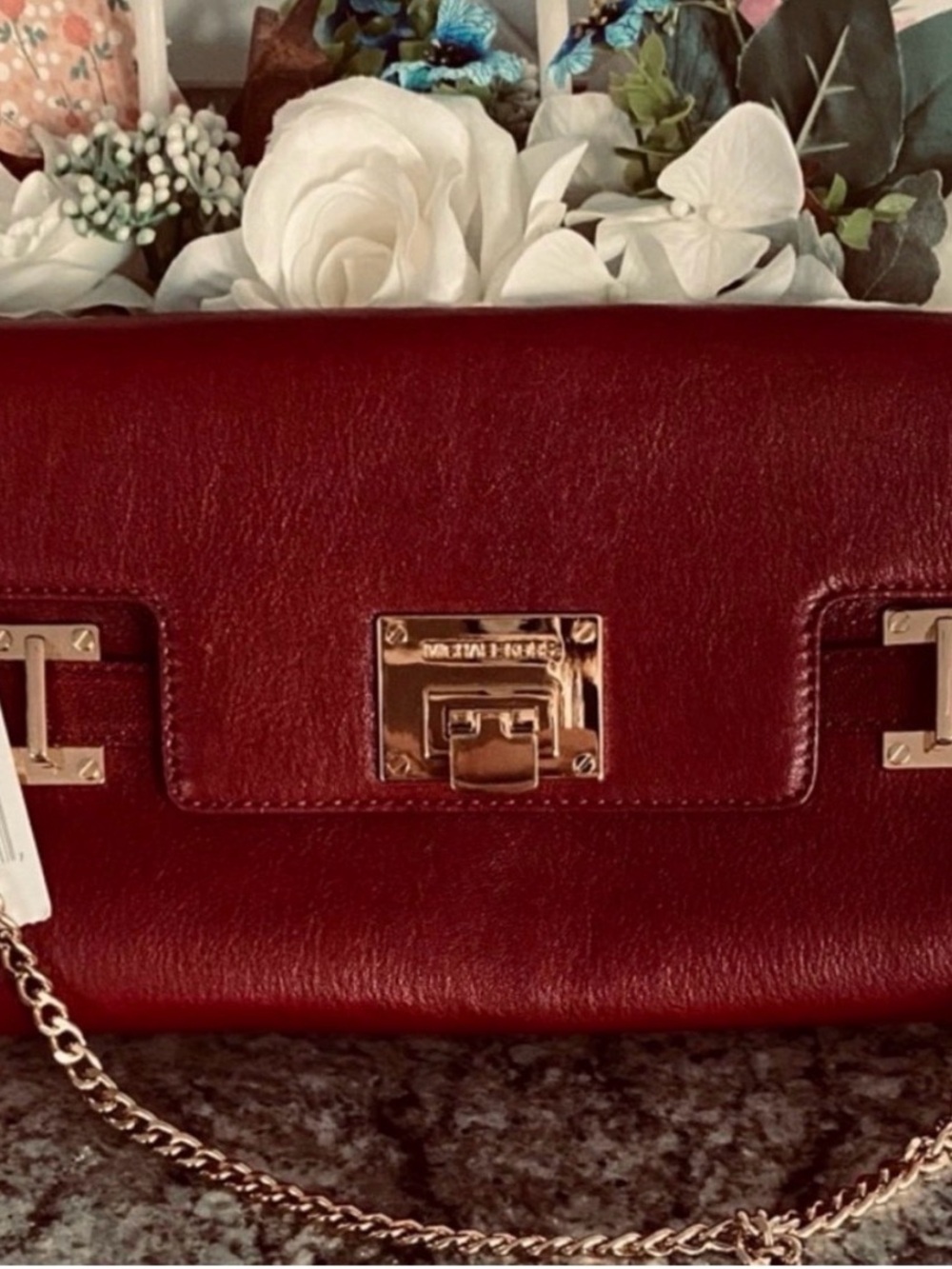 Michael Kors Astrid Claret wine, genuine leather, XL CLUTHV/Gold chain strap
